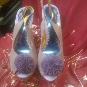 Cute lavender pom pom wedge heels